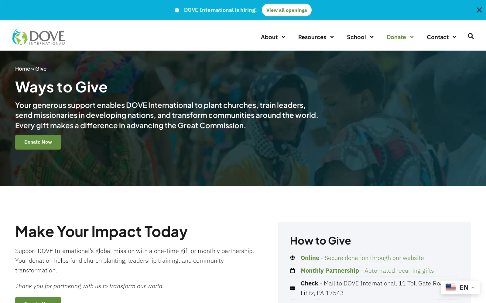 Giving infrastructure: one-time and monthly partnership giving, legacy giving, and a global-partners program.
