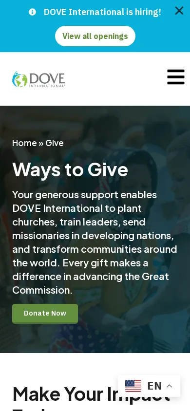 Giving infrastructure: one-time and monthly partnership giving, legacy giving, and a global-partners program. on mobile