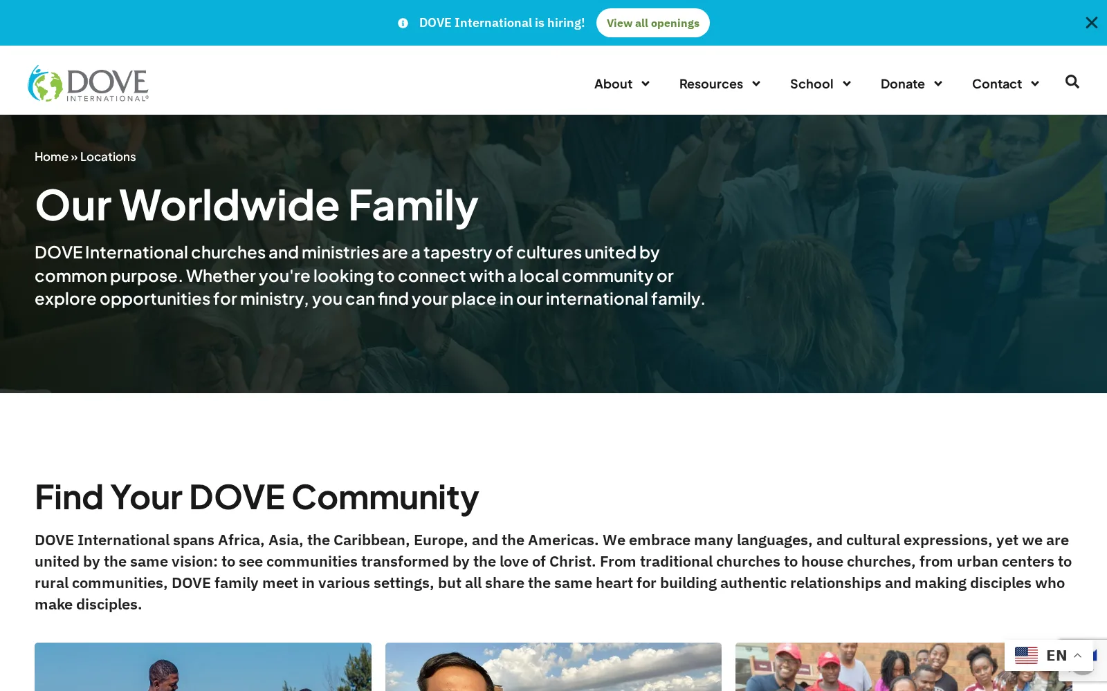 A worldwide directory of DOVE's regional communities, from DOVE Africa to DOVE USA.
