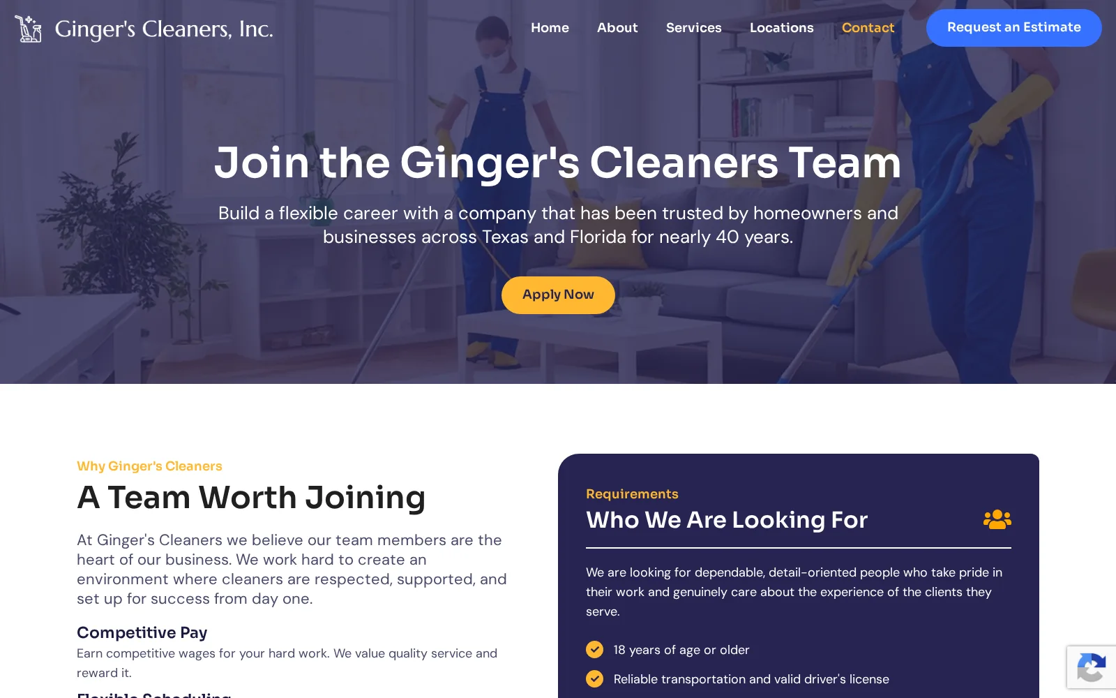 The cleaner-applicant onboarding flow: requirements, an application form, and a background-check agreement.