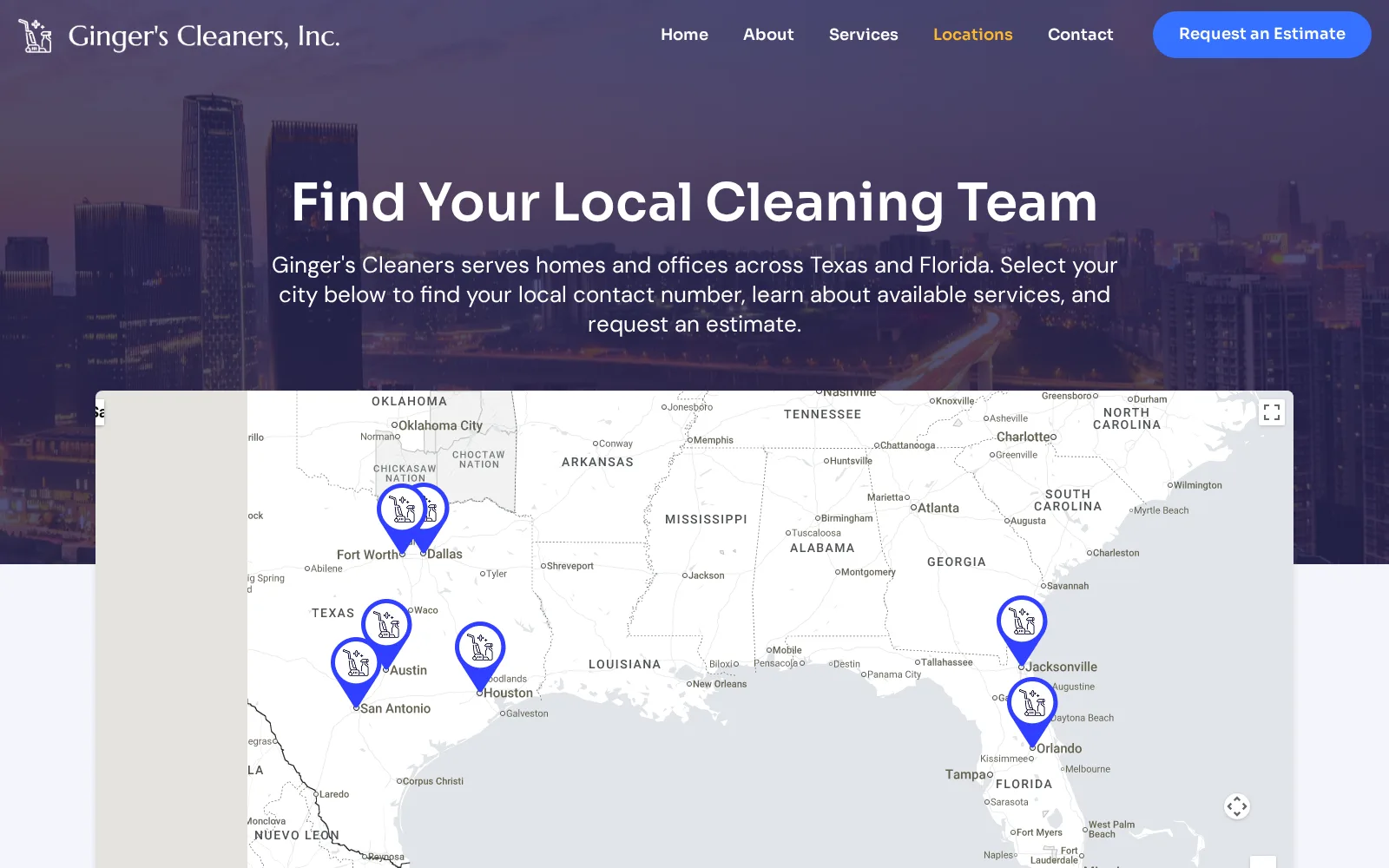 Seven cities across two states, each with its own local contact number and page.