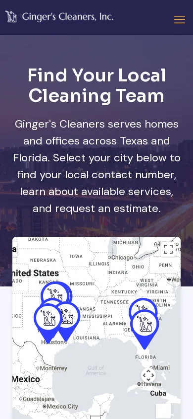 Seven cities across two states, each with its own local contact number and page. on mobile
