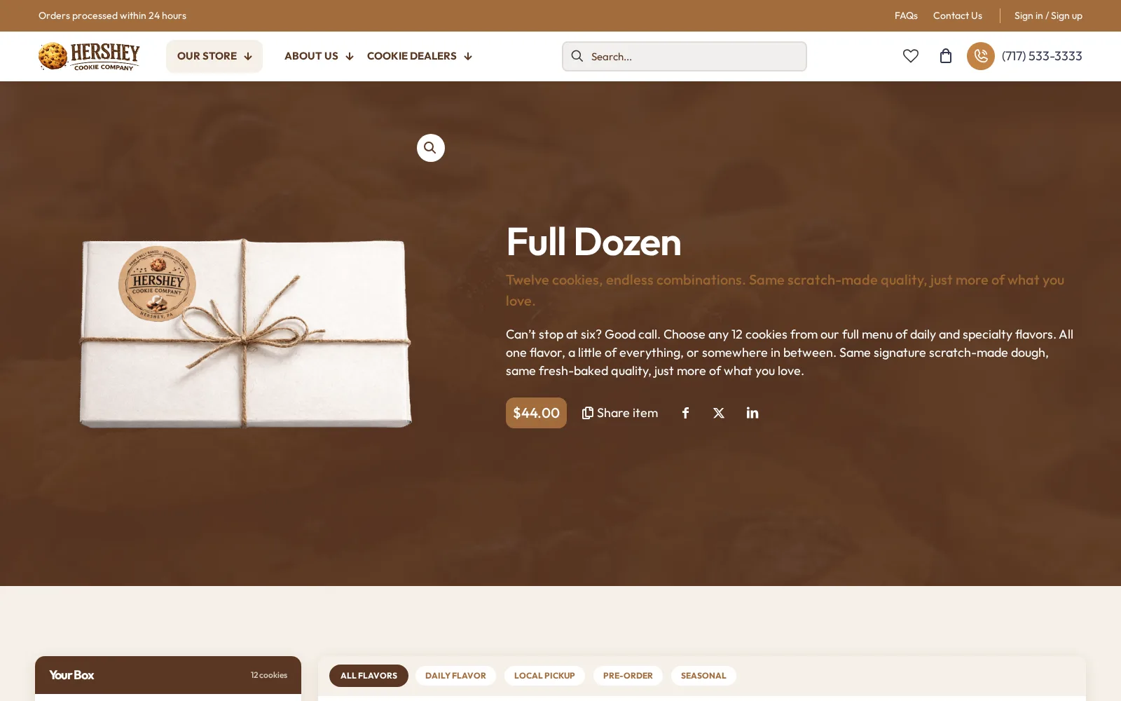 The box builder in action: pick a size, mix and match flavors, watch the box fill up live.
