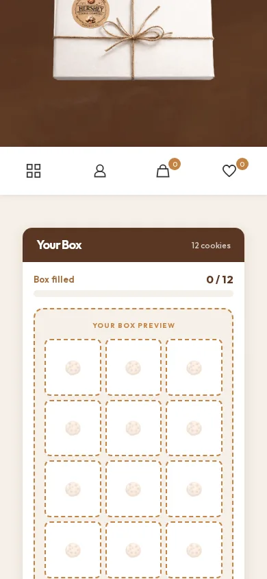 The box builder in action: pick a size, mix and match flavors, watch the box fill up live. on mobile