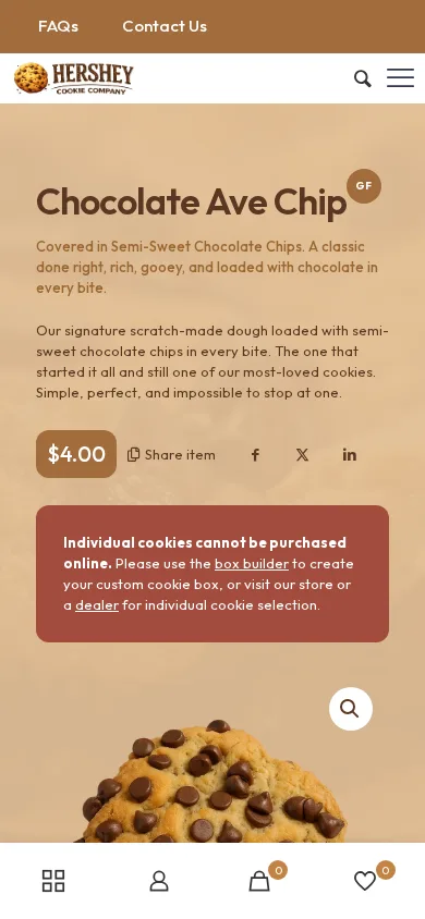 Every cookie gets its own page with AI-generated product photography. on mobile