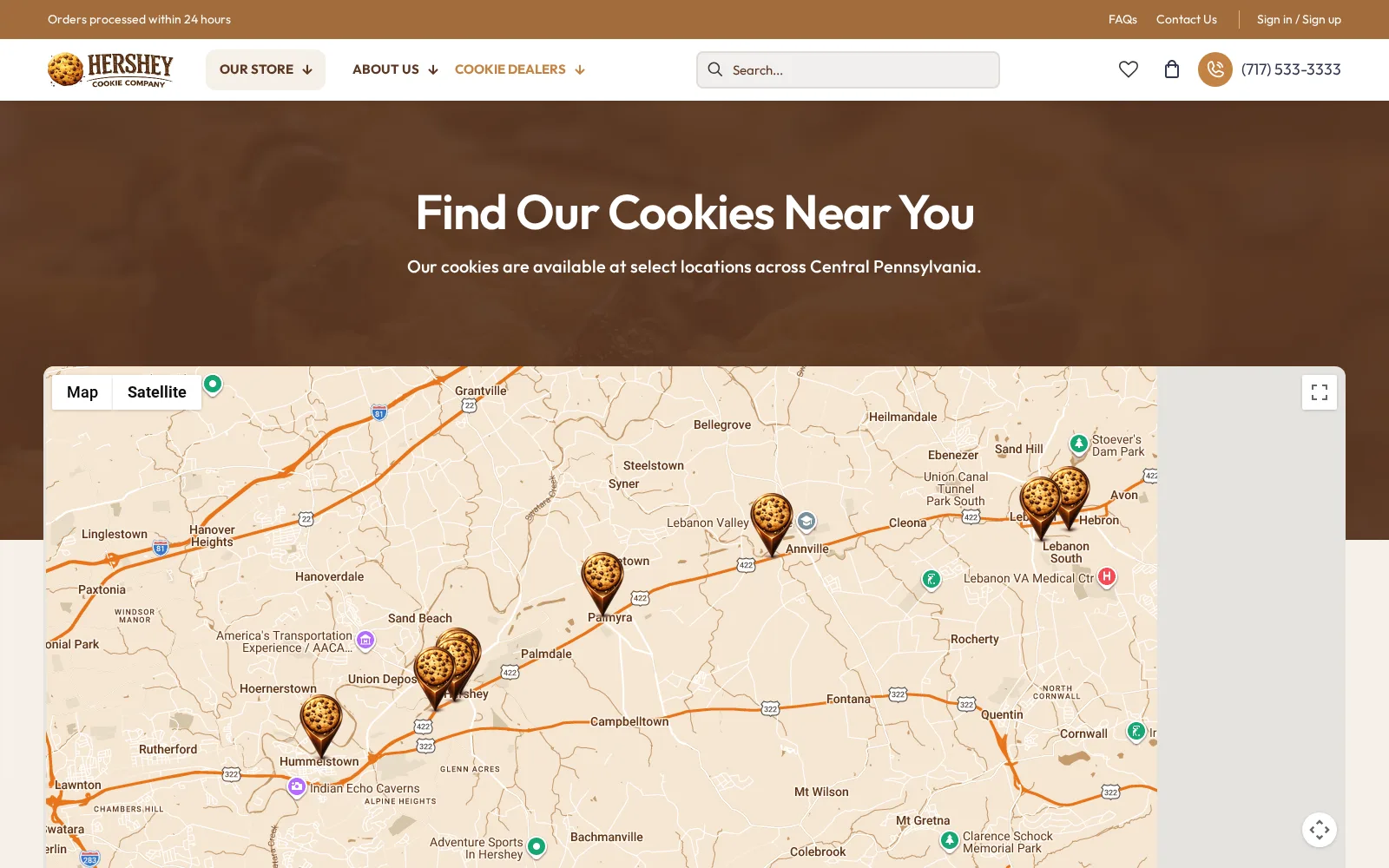 An interactive map of the dealer network carrying Hershey Cookie Company cookies.