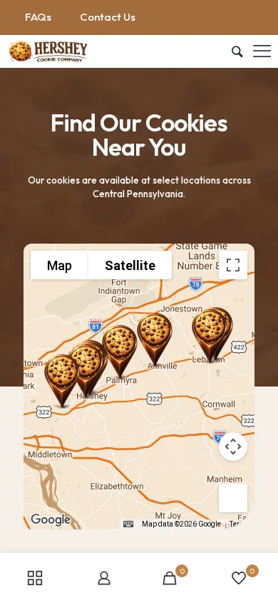 An interactive map of the dealer network carrying Hershey Cookie Company cookies. on mobile